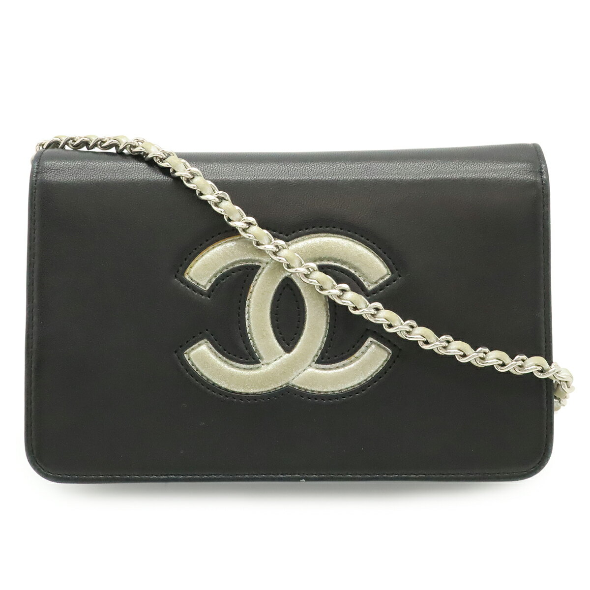 乐天商城 - CHANEL シャネル ココマーク チェーンウォレット ショルダーバッグ ポシェット 斜め掛け レザー ブラック 黒 メタリックシルバー シルバー金具 【中古】