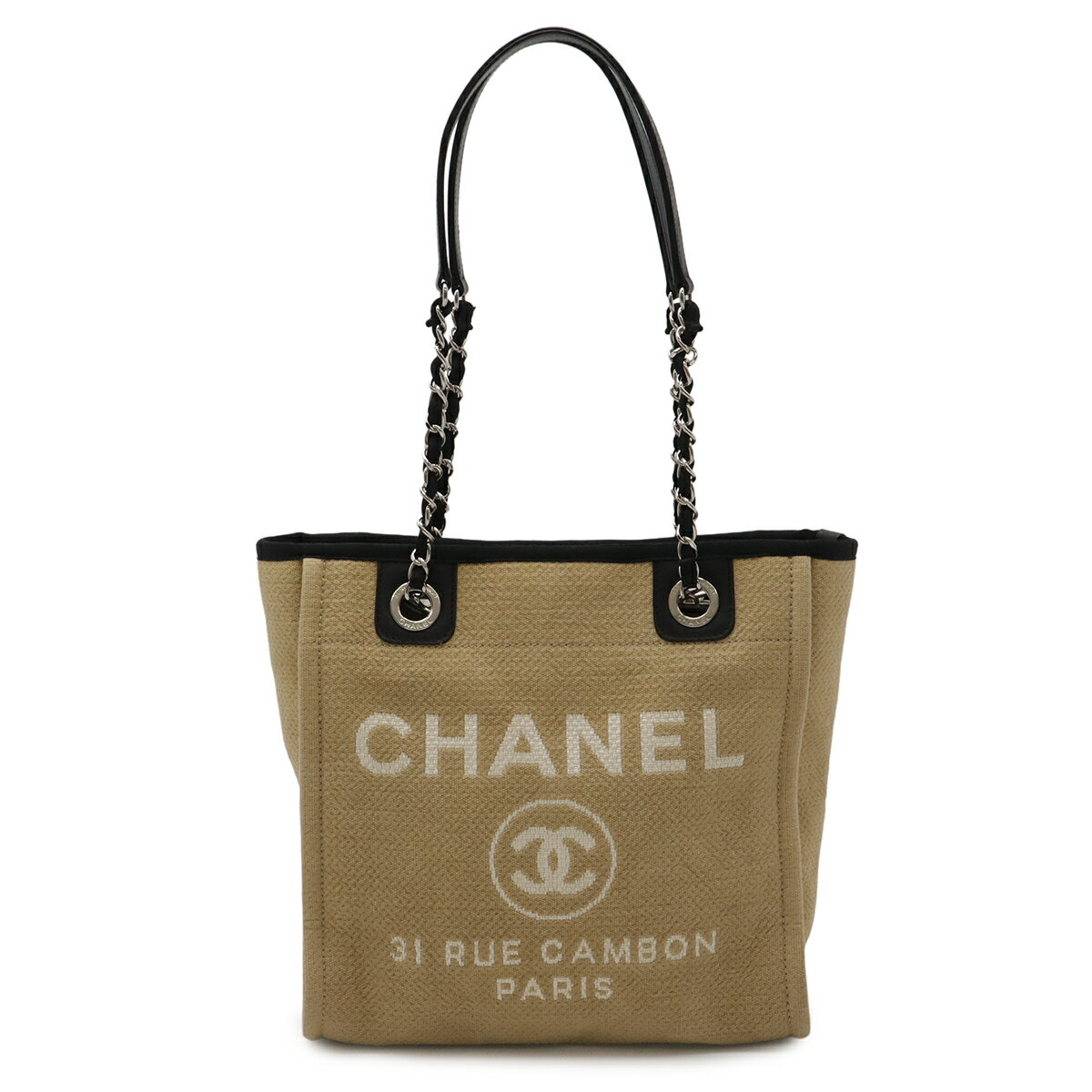 CHANEL シャネル ドーヴィル トートPM トートバッグ ショルダーバッグ チェーンショルダー キャンバス レザー ベージュ シルバー金具 A66939 【中古】