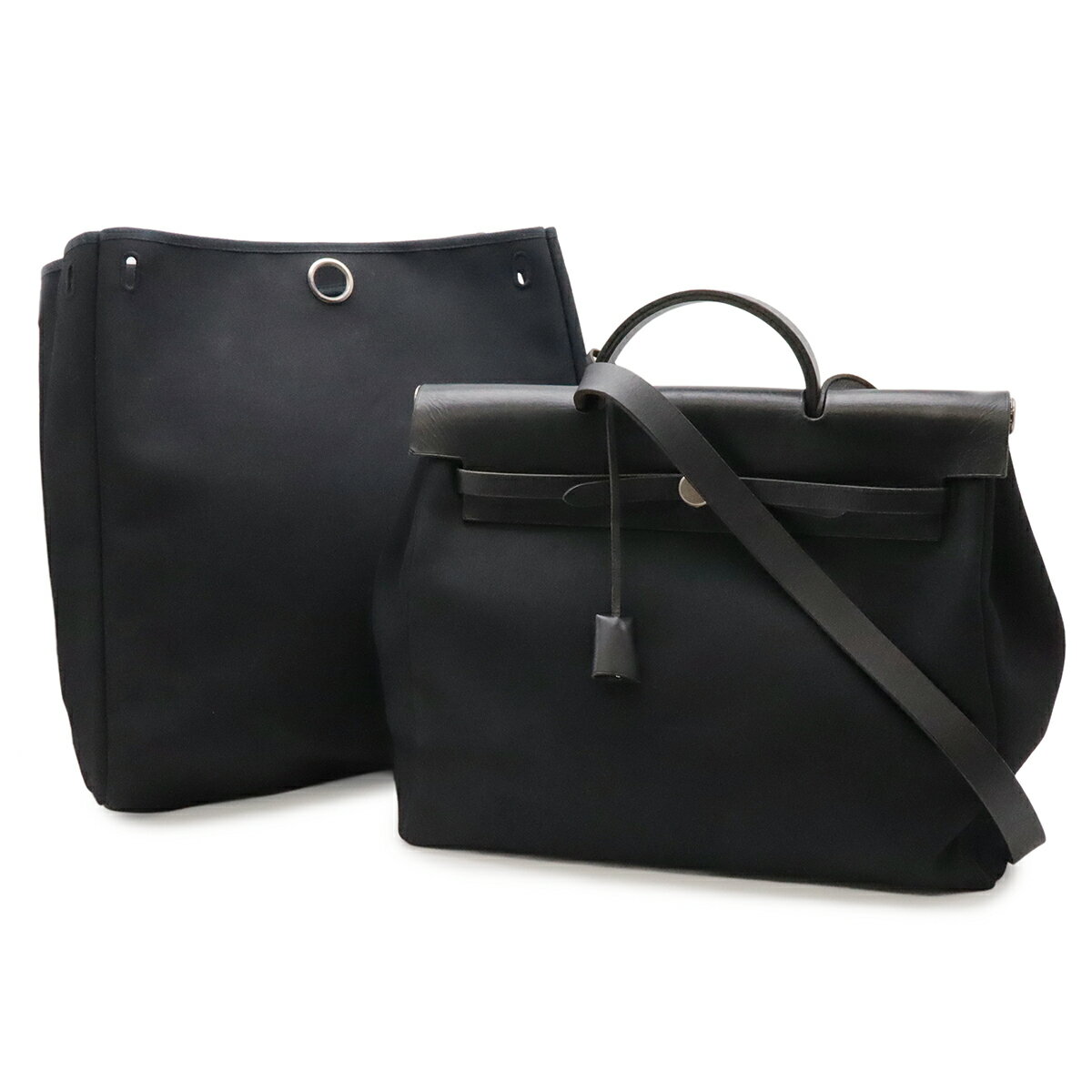 樂天商城 - HERMES エルメス エールバッグMM ハンドバッグ 2WAY ショルダーバッグ トワルオフィシエ キャンバス レザー ブラック 黒 ストッパー欠品 □C刻印 【中古】