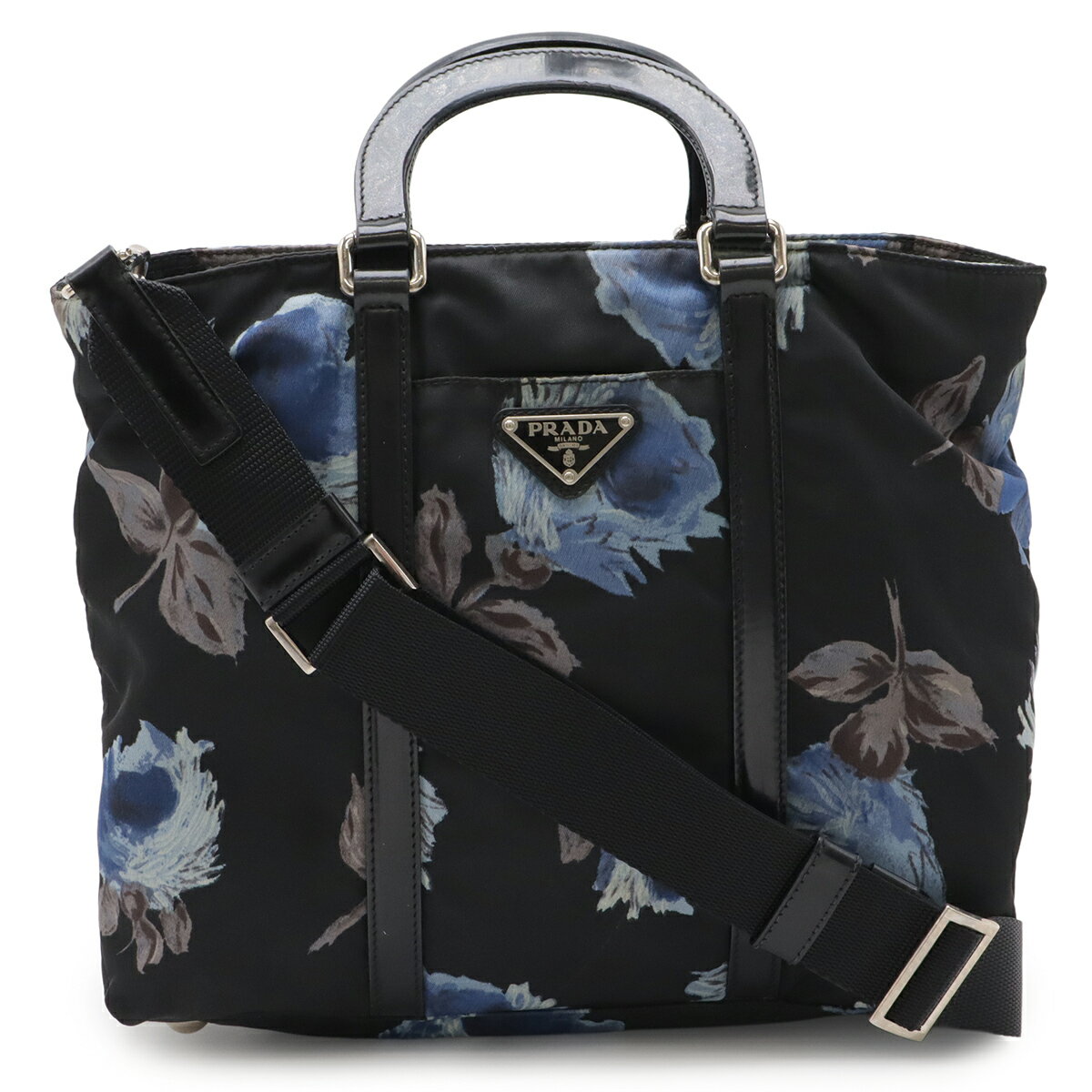 Rakuten - PRADA プラダ フラワー 花柄 ローズ バラ ハンドバッグ トートバッグ 2WAY ショルダーバッグ ナイロン NERO ブラック ブルー シルバー金具 BN1066 【中古】