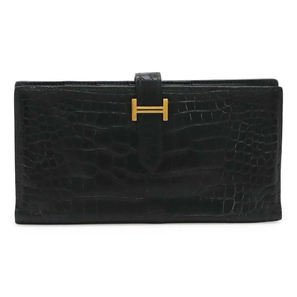 HERMES エルメス ベアンスフレ 2つ折長財布 二つ折り長財布 アリゲーター クロコダイル ブラック 黒 ゴールド金具 □O刻印 【中古】