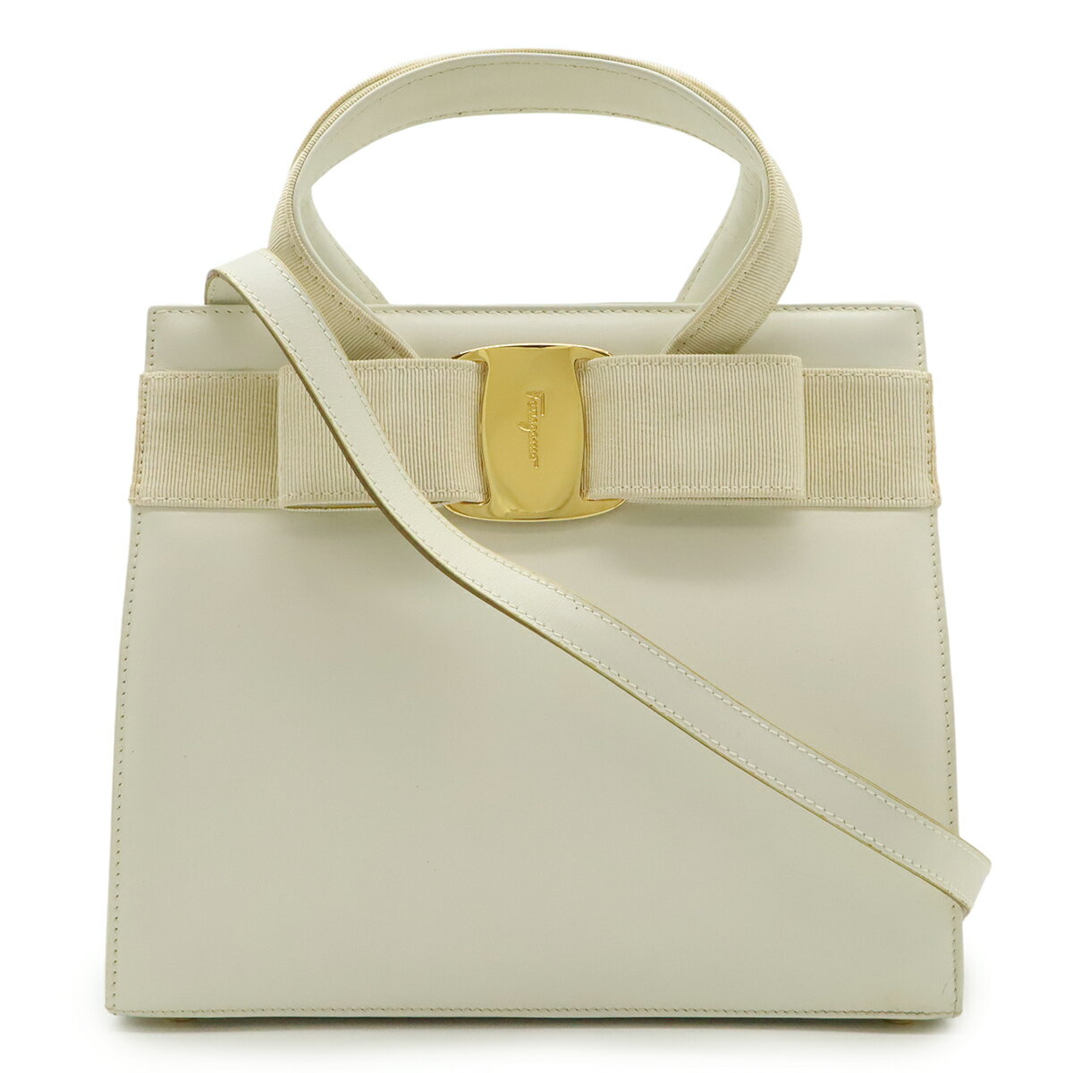 乐天商城 - Salvatore Ferragamo サルヴァトーレ フェラガモ ヴァラ ハンドバッグ 2WAY ショルダーバッグ レザー アイボリー 白 ゴールド金具 BA214178 【中古】