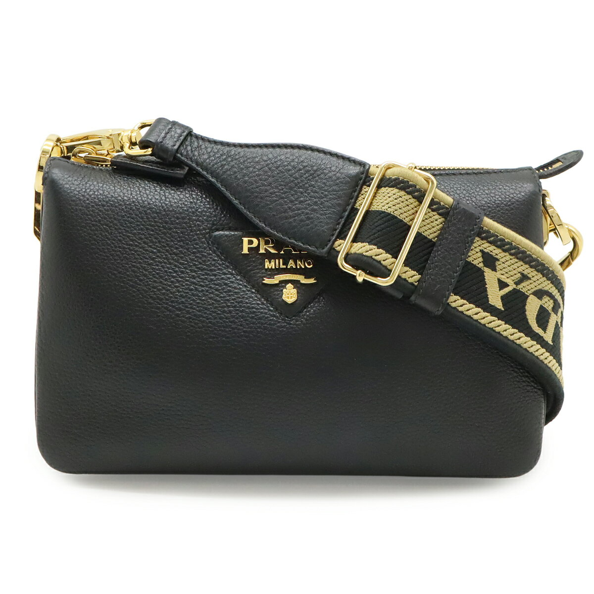 乐天商城 - PRADA プラダ ヴィッテロダイノ ロゴ ショルダーバッグ ストライプショルダー 2WAY クラッチバッグ レザー NERO 黒 ブラック ゴールド金具 1BH194 【中古】