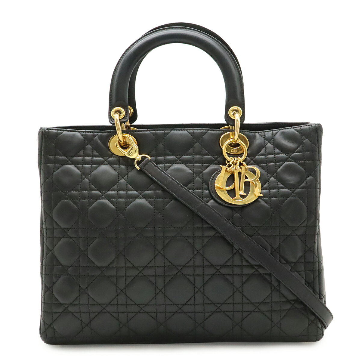 Christian Dior クリスチャン ディオール レディディオール ラージ カナージュ ハンドバッグ 2WAY ショルダーバッグ レザー ブラック ゴールド金具 【中古】