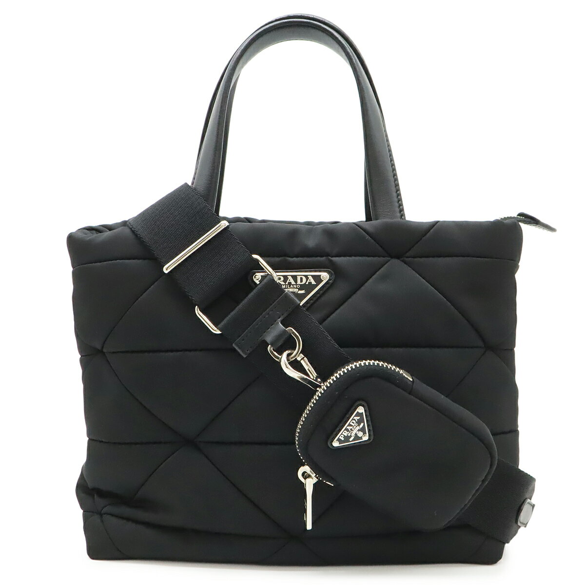乐天商城 - PRADA プラダ スモール パデッド トートバッグ ハンドバッグ 2WAY ショルダーバッグ ナイロン レザー NERO ブラック シルバー金具 ポーチ付 1BG373 【中古】