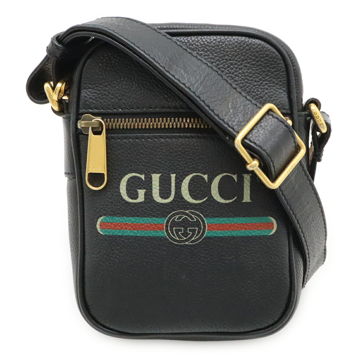 Rakuten - GUCCI グッチ グッチプリント ロゴ ショルダーバッグ ポシェット ミニバッグ 斜め掛け レザー ブラック 黒 ゴールド金具 574803 【中古】