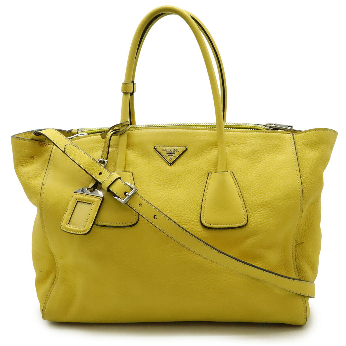 PRADA プラダ トライアングルロゴ トートバッグ 2WAY ショルダーバッグ CERVO チェルボ レザー ANANAS 黄色 イエロー シルバー金具 BN2759 【中古】