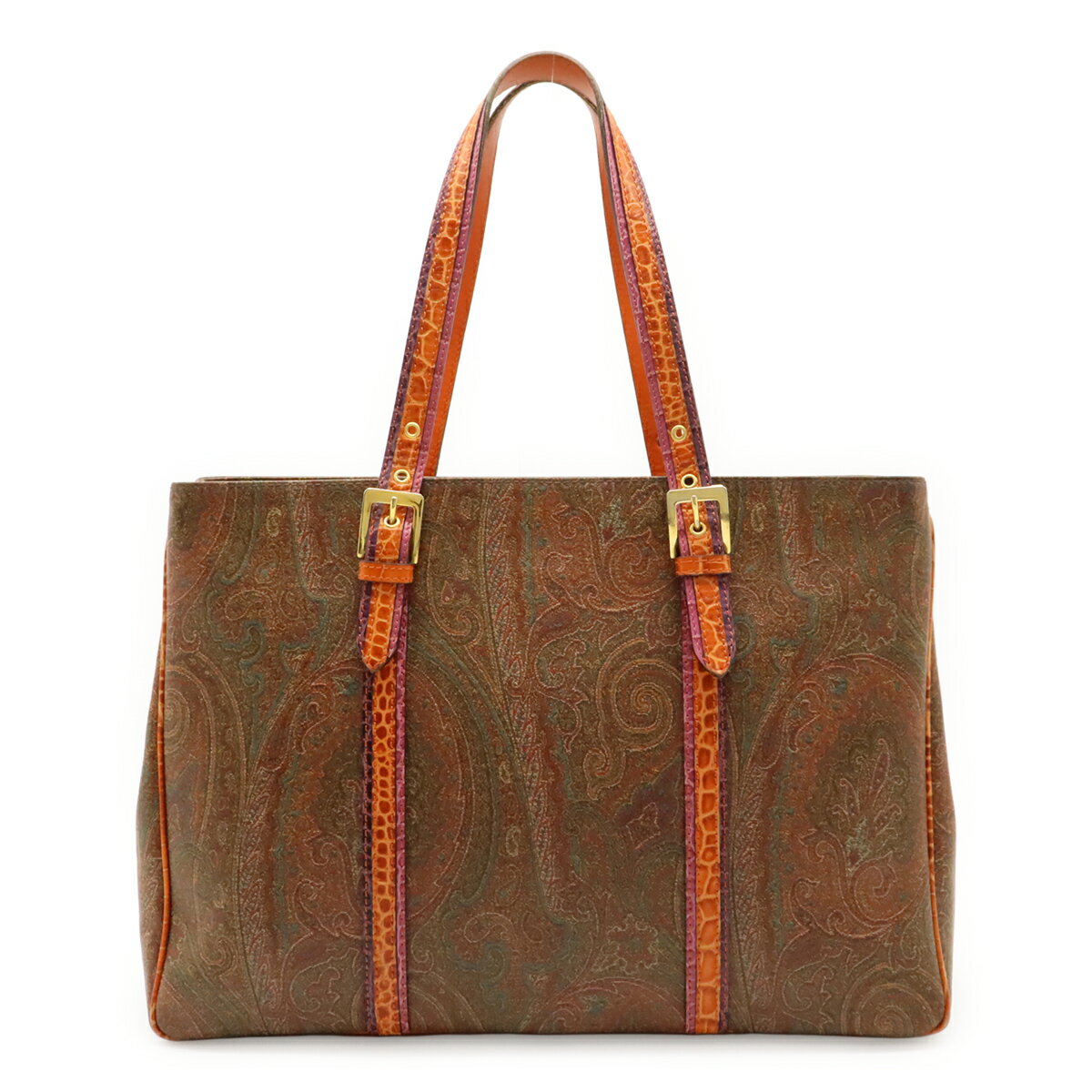 Rakuten - ETRO エトロ ペイズリー柄 クロコ型押し トートバッグ ショルダーバッグ コーティングキャンバス レザー ブラウン オレンジ マルチカラー 【中古】