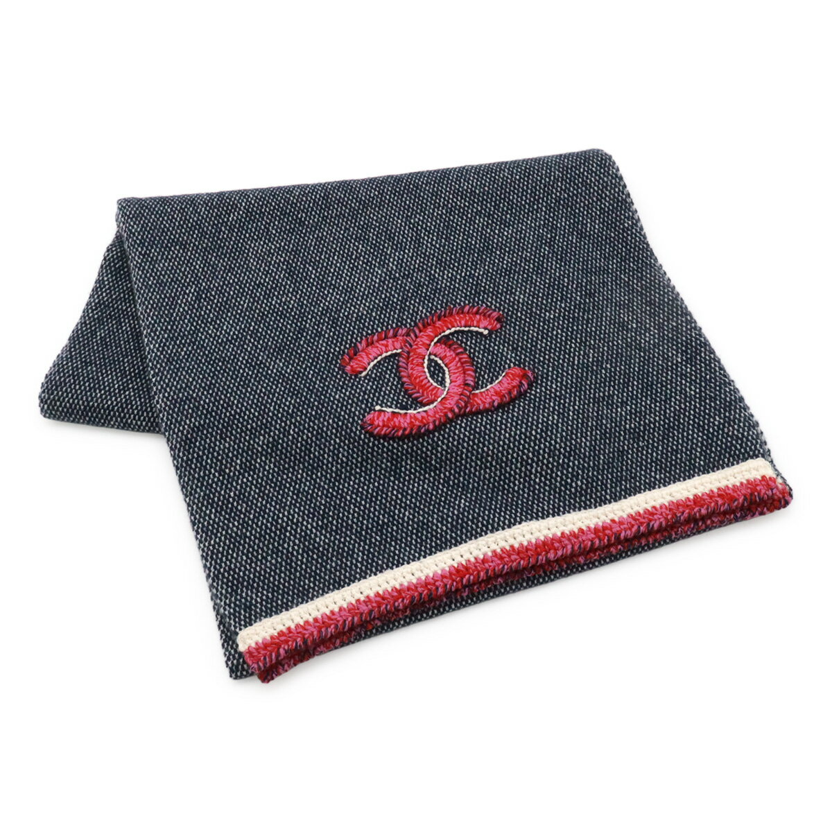 乐天商城 - CHANEL シャネル ココマーク ロングマフラー ショール カシミヤ100% ネイビー 紺 ピンク アイボリー 【中古】