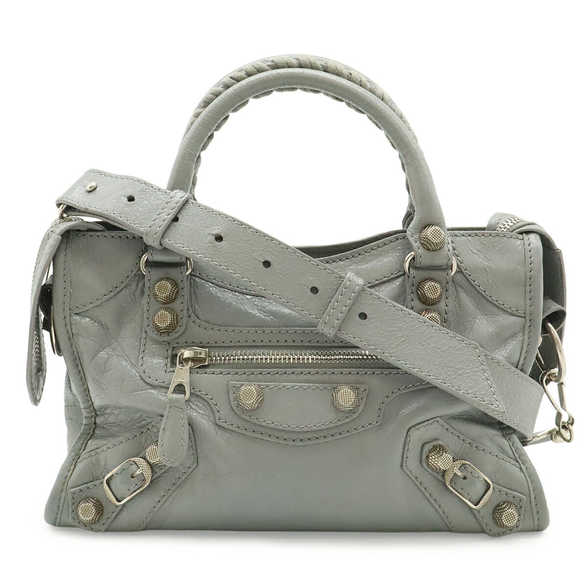 樂天商城 - BALENCIAGA バレンシアガ ミニ シティ ハンドバッグ ミニバッグ 2WAY ショルダーバッグ 斜め掛け レザー グレー シルバー金具 519938 【中古】