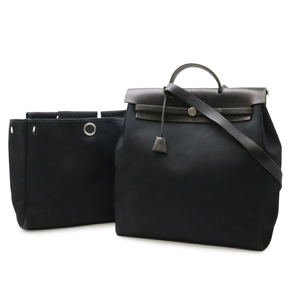 乐天商城 - HERMES エルメス エールバッグMM ハンドバッグ 2WAY ショルダーバッグ セミショルダー トワルオフィシエ キャンバス レザー ブラック 黒 □D刻印 【中古】