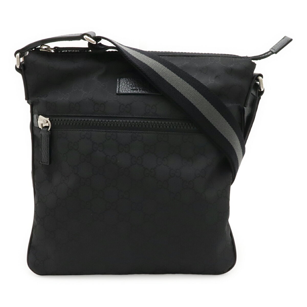 Rakuten - GUCCI グッチ GGナイロン ショルダーバッグ サコッシュ 斜め掛け マチなし レザー ブラック 黒 グレー アウトレット品 シルバー金具 449184 【中古】