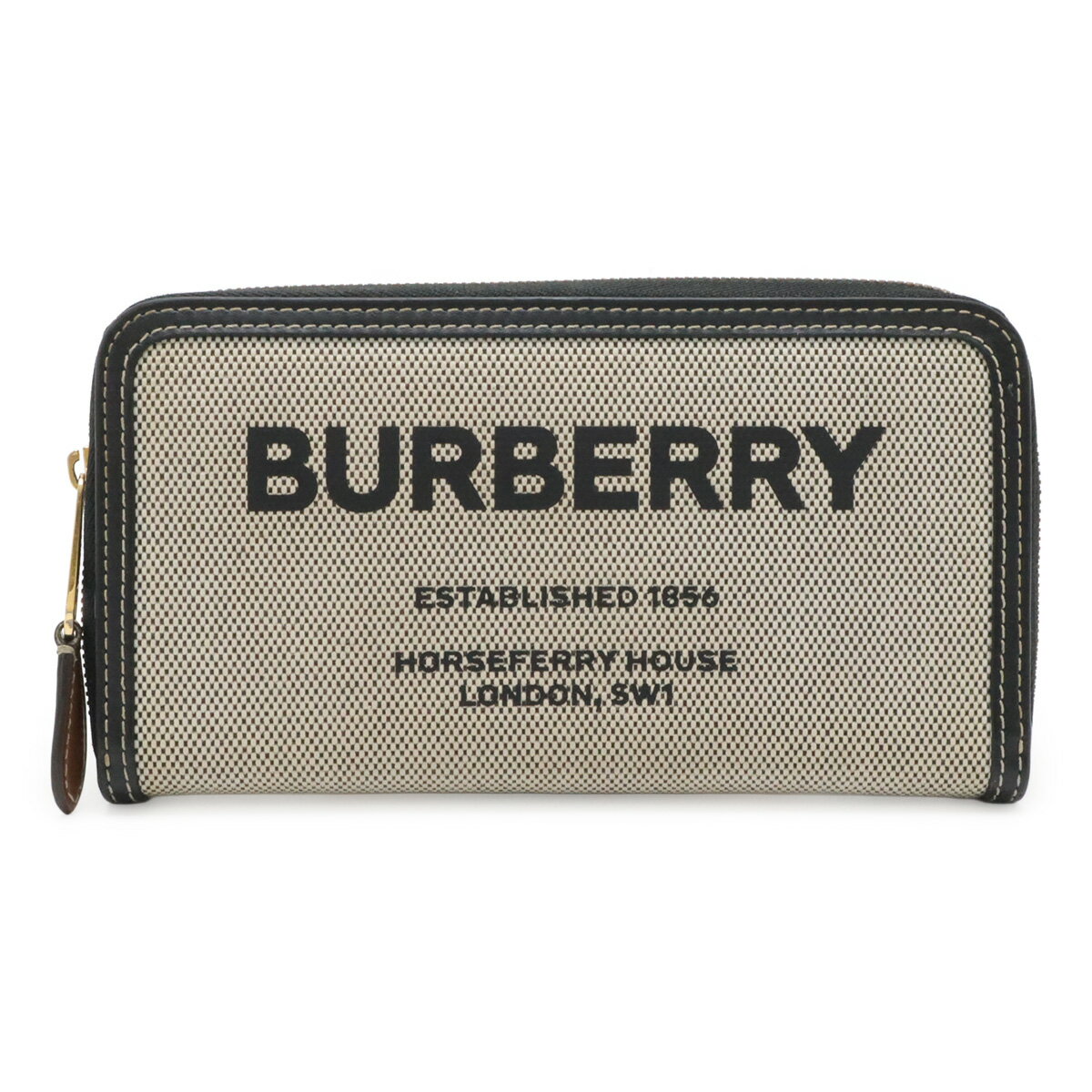 樂天商城 - BURBERRY バーバリー ホースフェリープリント エルモア ラウンドファスナー 長財布 キャンバス レザー ベージュ ブラック 黒 ゴールド金具 8039493 【中古】