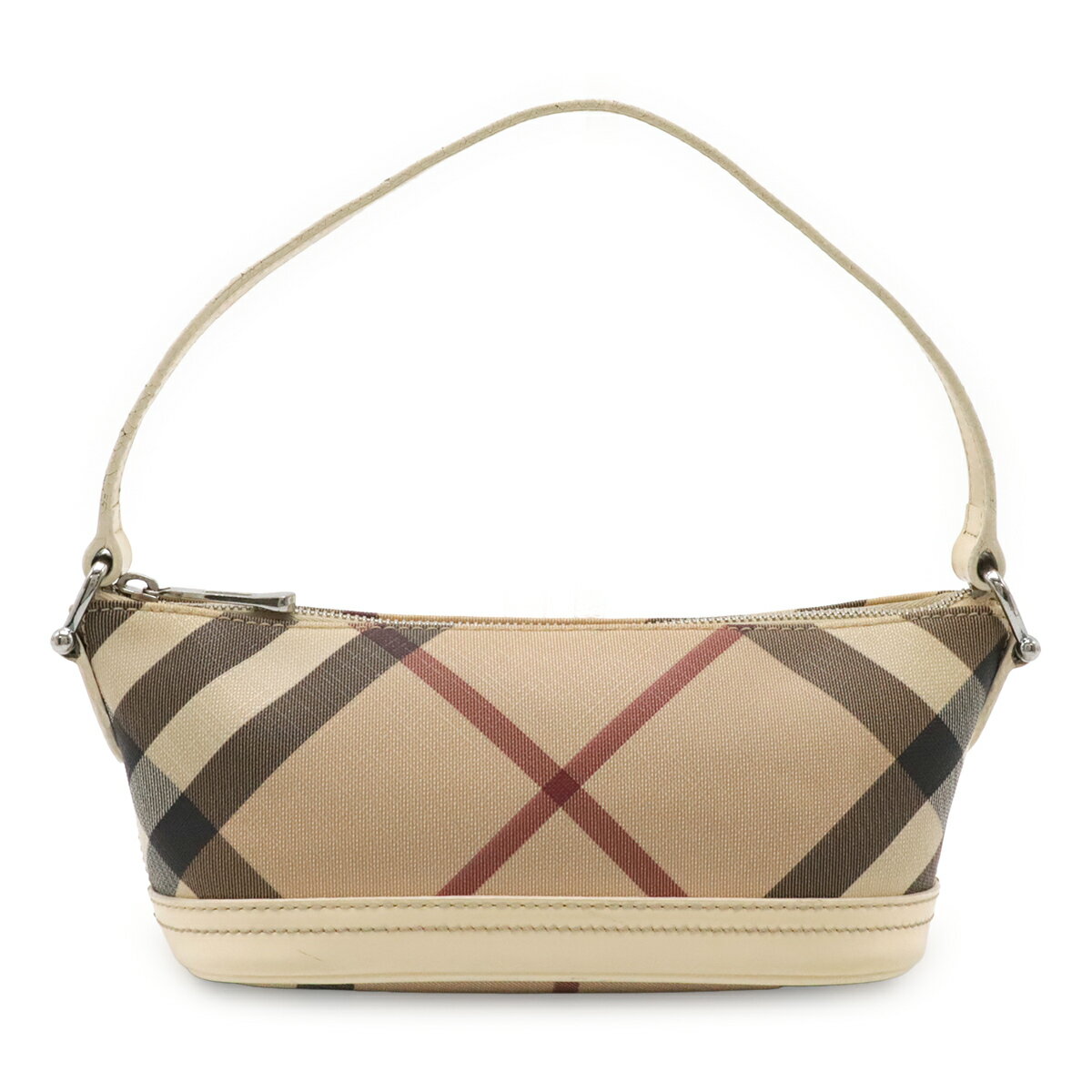 Rakuten - BURBERRY バーバリー ハウスチェック チェック柄 アクセサリーポーチ ハンドバッグ ミニバッグ PVC パテントレザー ベージュ クリーム 【中古】