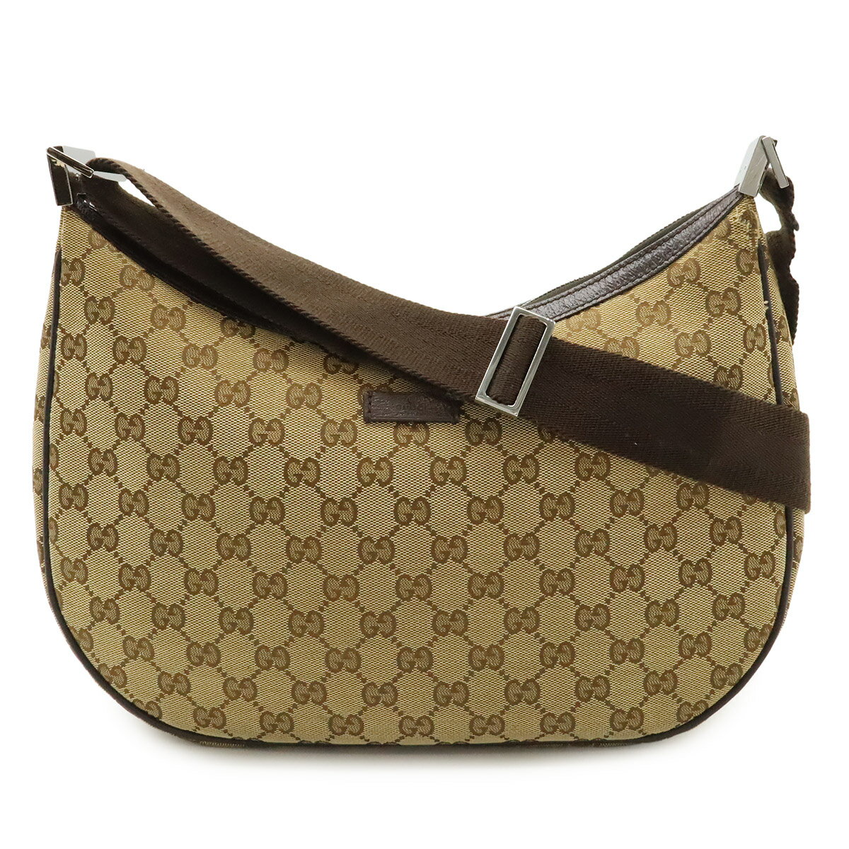 GUCCI - GUCCI グッチ GGキャンバス ショルダーバッグ 斜め掛け レザー カーキベージュ 茶 ダークブラウン 122790 【中古】