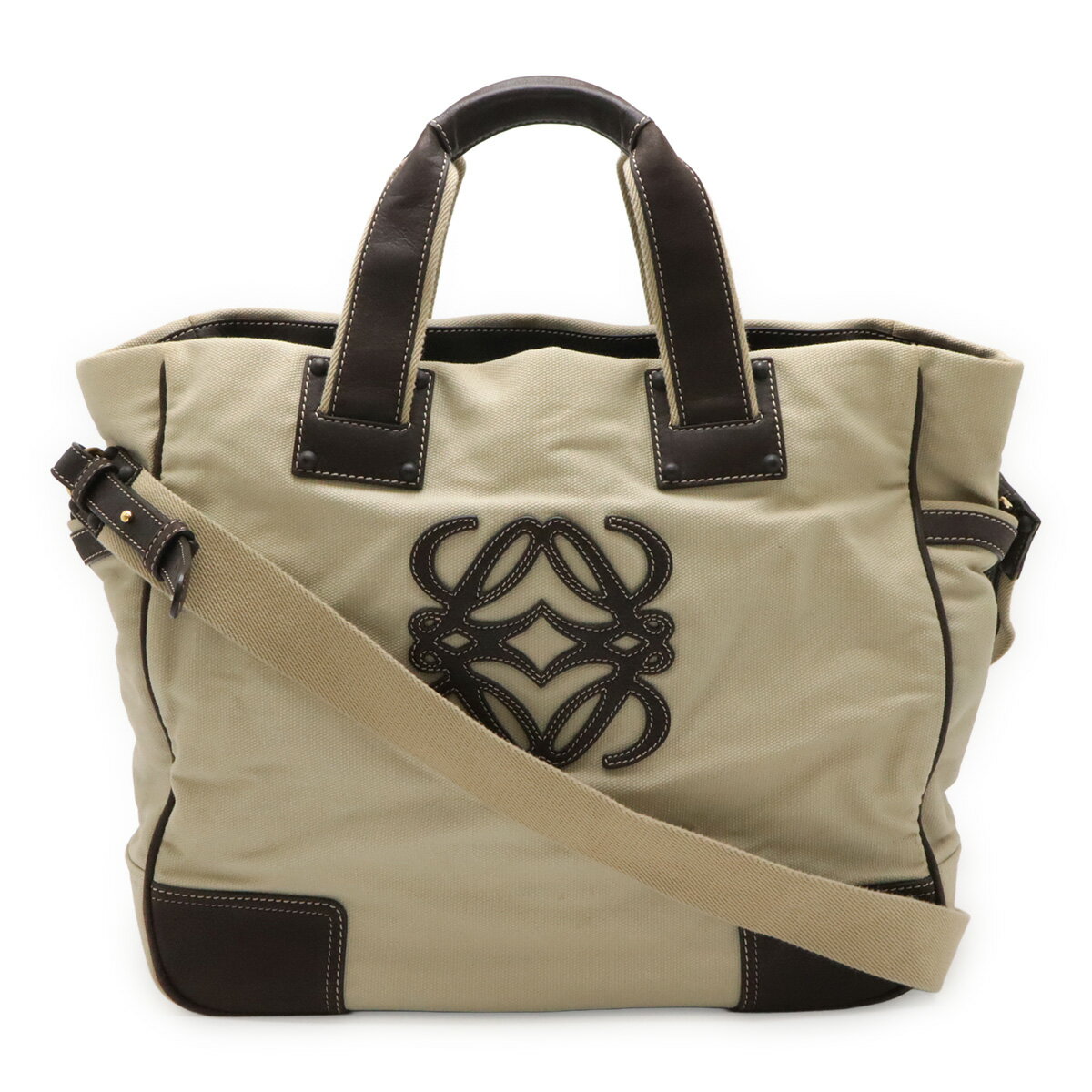 乐天商城 - LOEWE ロエベ アナグラム トートバッグ ハンドバッグ 2WAY ショルダーバッグ キャンバス レザー ベージュ ダークブラウン 茶 【中古】
