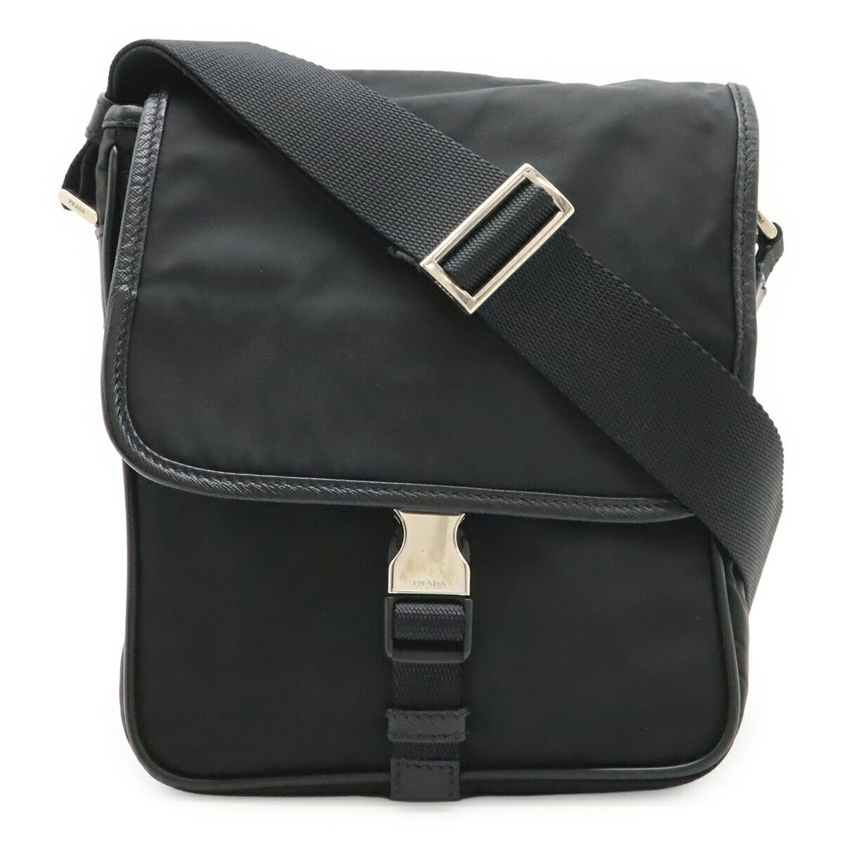 乐天商城 - PRADA プラダ ショルダーバッグ ポシェット 斜め掛け ナイロン レザー NERO 黒 ブラック シルバー金具 V167 海外ブティック購入品 【中古】