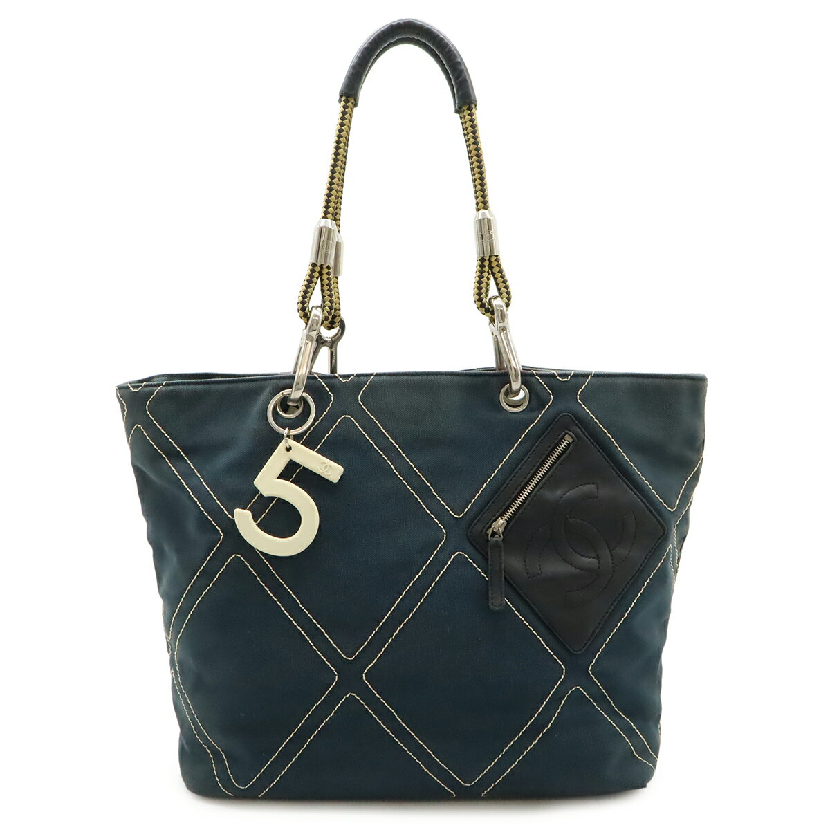 CHANEL - CHANEL シャネル No.5 ナンバー5 ココマーク ロープ トートバッグ ショルダーバッグ キャンバス レザー ネイビー 紺 ブラック 黒 A27208 【中古】