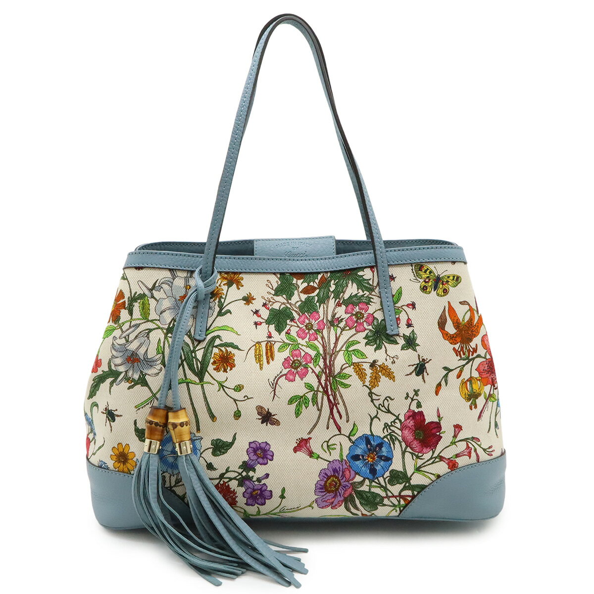 Rakuten - GUCCI グッチ グッチ フローラ トートバッグ ショルダーバッグ セミショルダー 肩掛け 花柄 キャンバス レザー ライトブルー 青 50周年限定 336776 【中古】