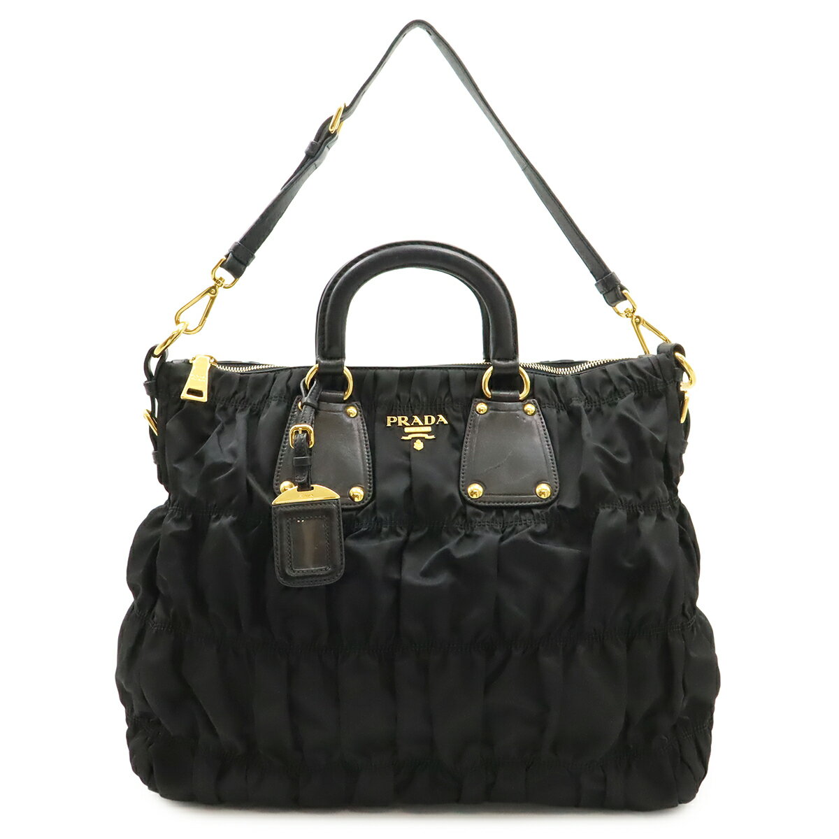 乐天商城 - PRADA プラダ TESSUTO テスート ギャザー トートバッグ ハンドバッグ 2WAY ショルダーバッグ 斜め掛け ナイロン NERO 黒 ブラック ゴールド金具 【中古】