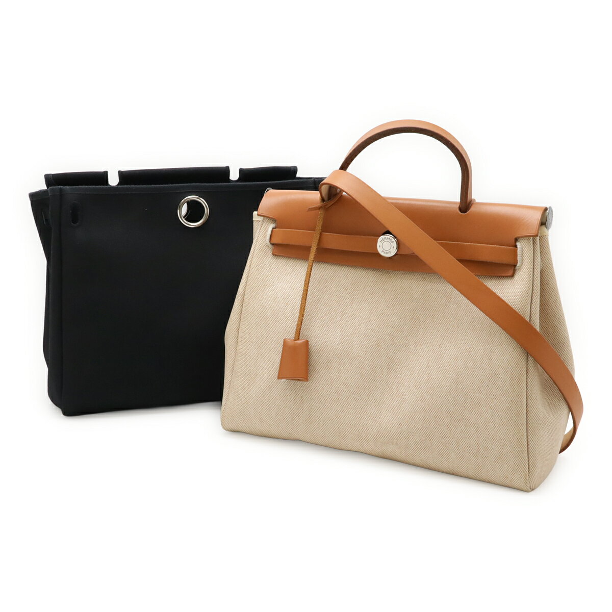 HERMES エルメス エールバッグPM ハンドバッグ 2WAY ショルダーバッグ トワルオフィシエ キャンバス レザー ナチュラル ライトブラウン □D刻印 【中古】