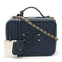 CHANEL シャネル CCフィリグリー マトラッセ バニティケース ハンドバッグ 2WAY チェーンショルダー キャビアスキン ネイビー 紺 A93344 【...