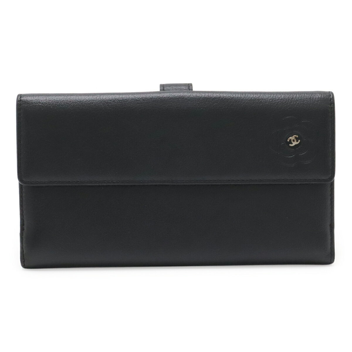B, C, D, G, J, L, S, T, Z - CHANEL シャネル カメリア Wホック ダブルホック 長財布 レザー ブラック 黒 シルバー金具 A46509 【中古】