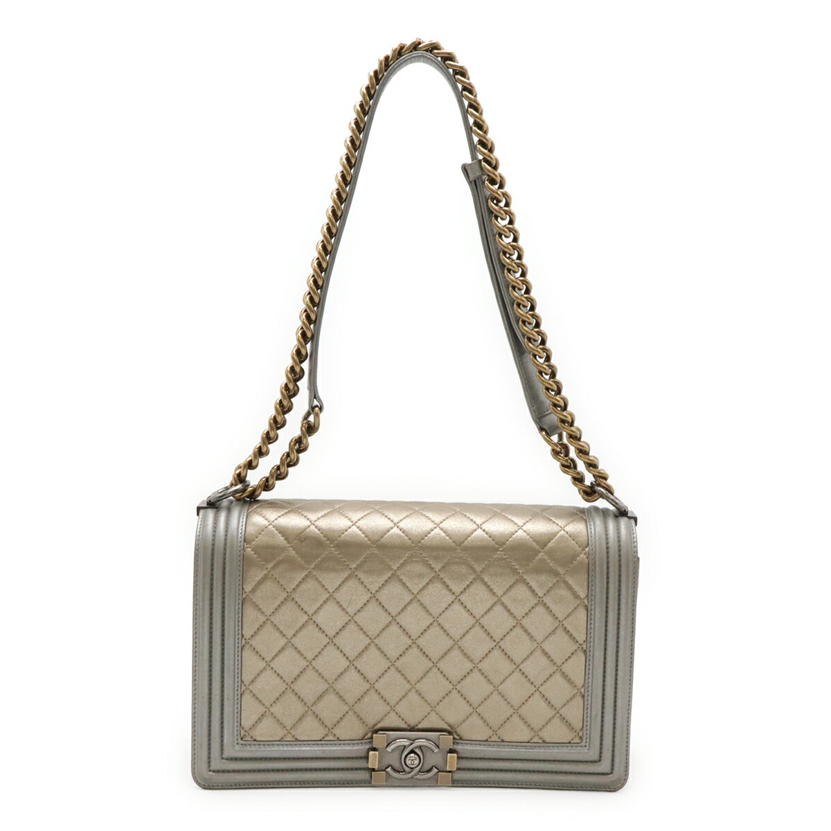 樂天商城 - CHANEL シャネル ボーイシャネル28 マトラッセ ココマーク チェーンバッグ ショルダーバッグ カーフスキン ゴールド グレー A92193 【中古】