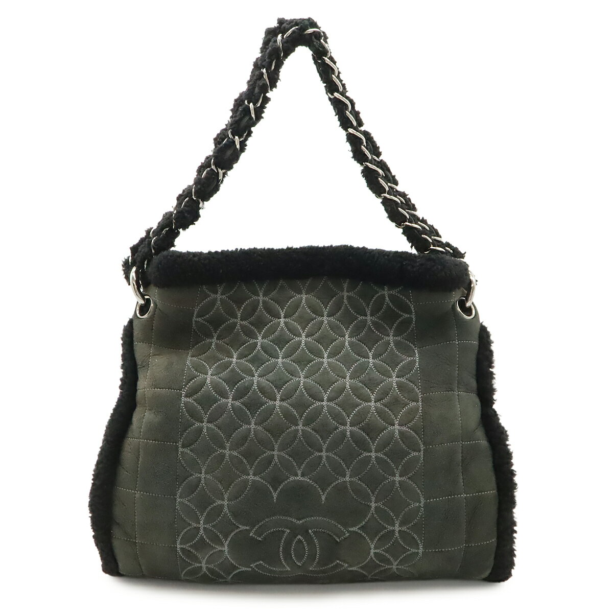 乐天商城 - CHANEL シャネル ココマーク ムートン チェーンショルダー ショルダーバッグ ボア レザー グレー ブラック 黒 シルバー金具 ポーチ付き 【中古】