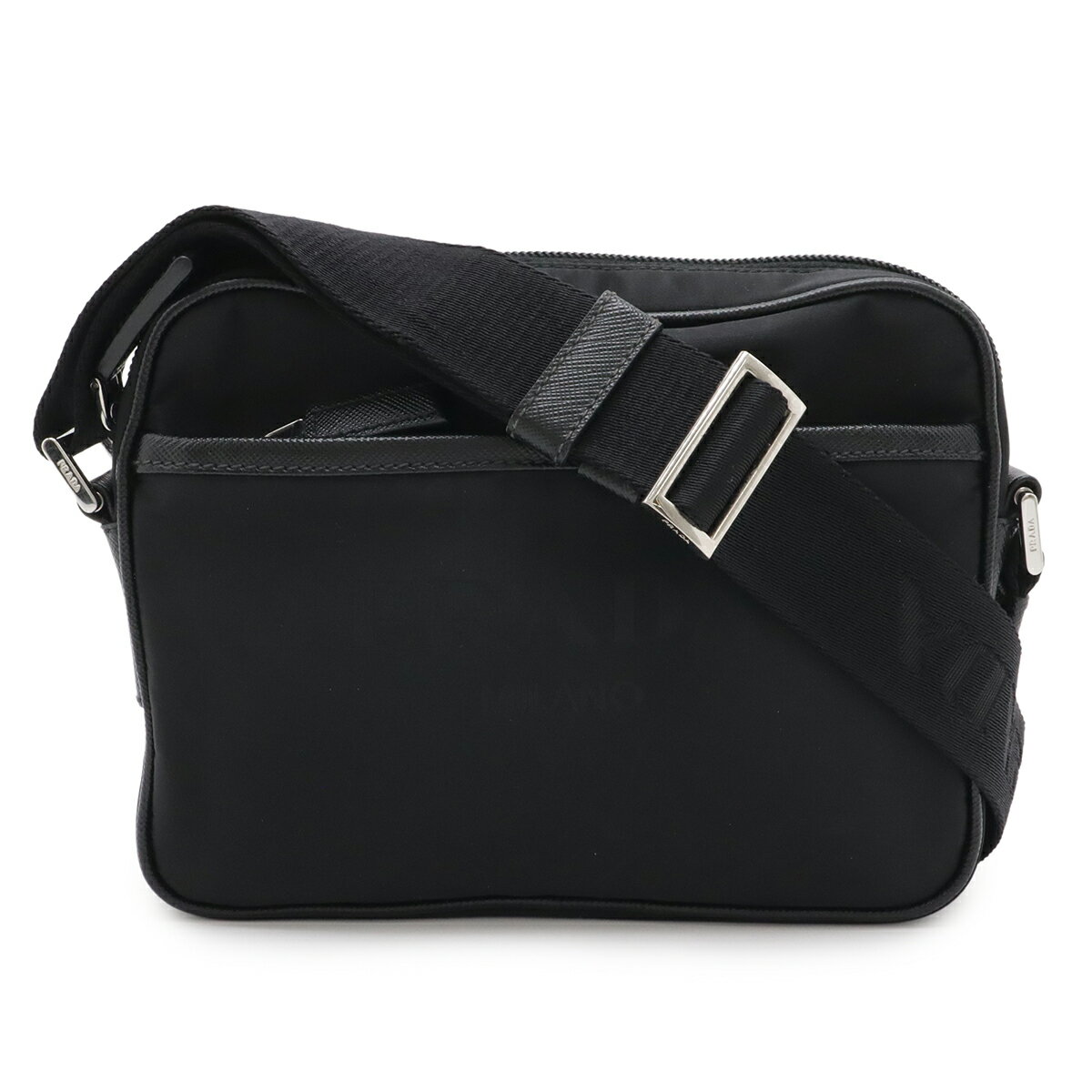乐天商城 - PRADA プラダ TESSUTO+SAFFIAN トライアングルロゴ ショルダーバッグ 斜め掛け ナイロン レザー NERO ブラック 黒 シルバー金具 2VH144 【中古】