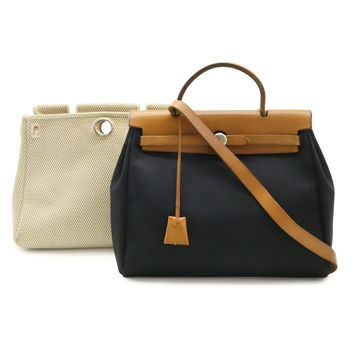 Rakuten - HERMES エルメス エールバッグPM ハンドバッグ 2WAY ショルダーバッグ トワルオフィシエ トワルGM レザー ブラック 黒 ベージュ □G刻印 【中古】