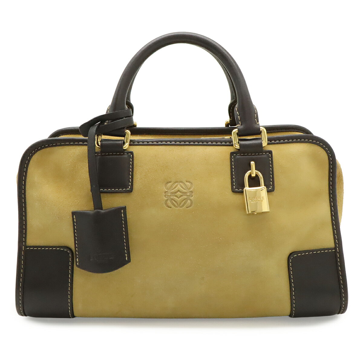 樂天商城 - LOEWE ロエベ アマソナ28 アナグラム ハンドバッグ ミニボストンバッグ スエード レザー ベージュ ダークブラウン 茶 ゴールド金具 【中古】