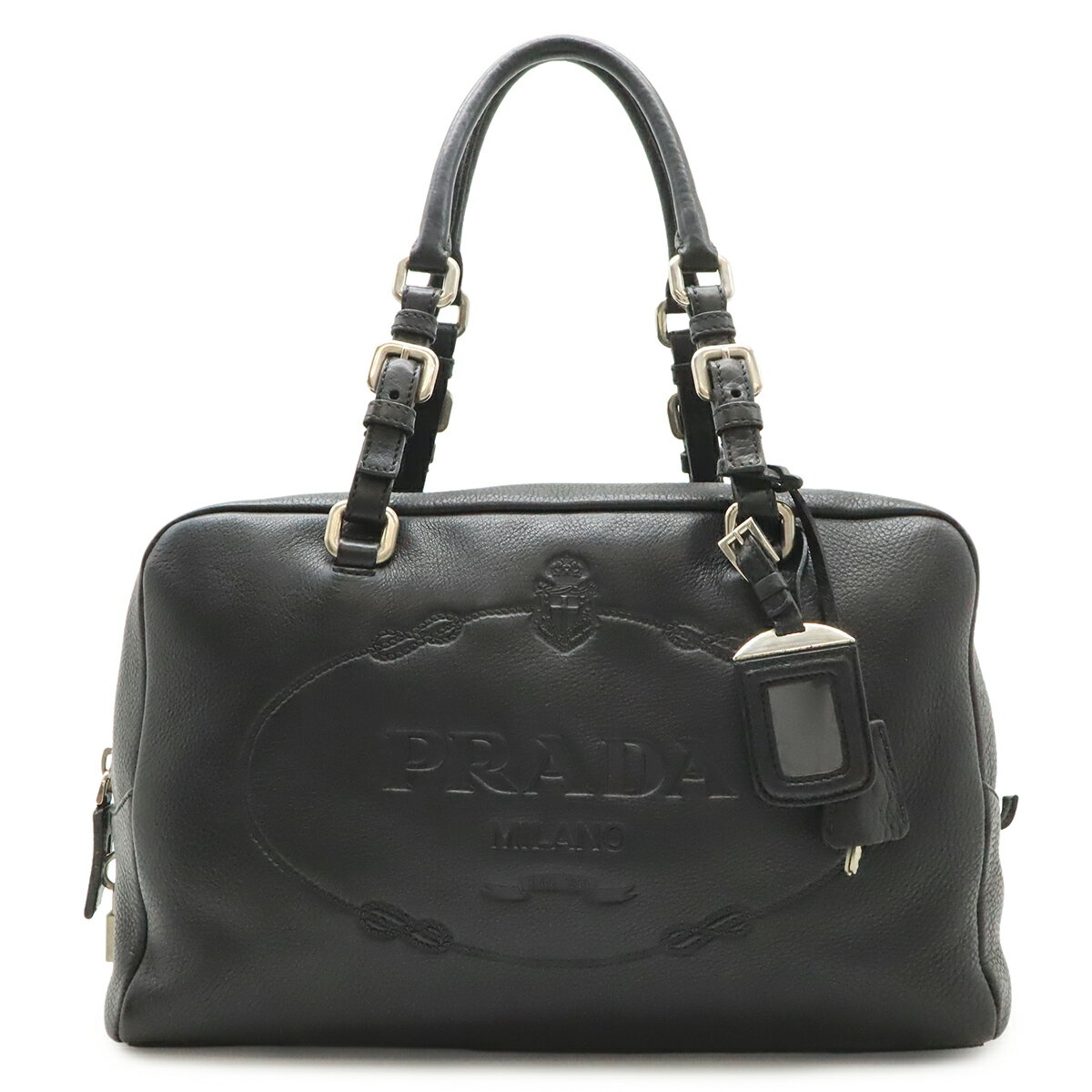 乐天商城 - PRADA プラダ ロゴ ヴィッテロダイノ トートバッグ ショルダーバッグ 肩掛け ミニボストンバッグ レザー NERO ブラック 黒 シルバー金具 BR3090 【中古】