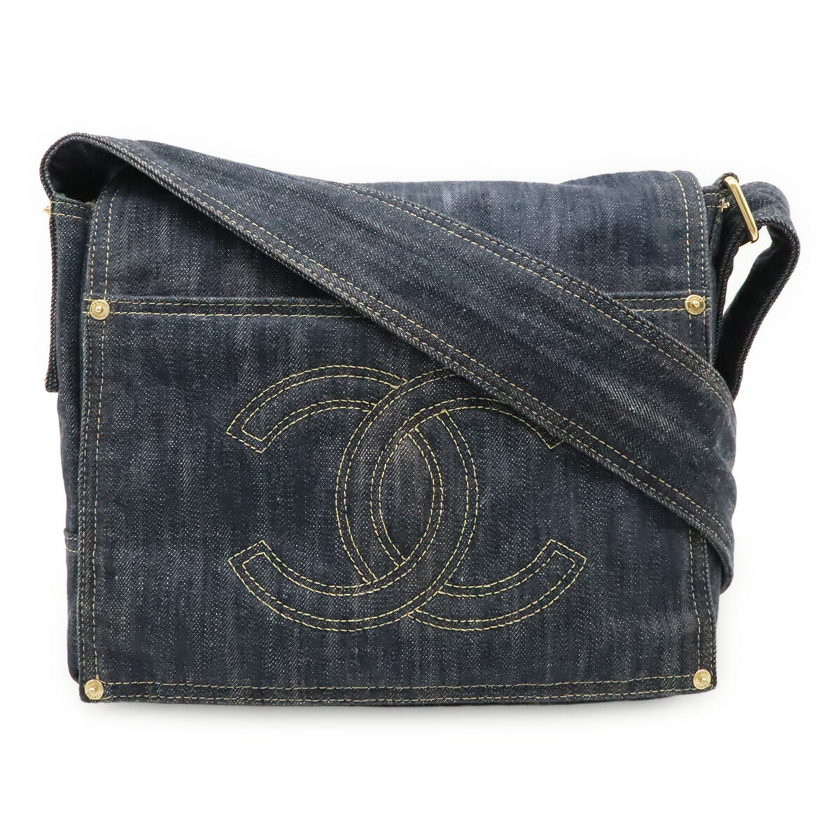 Rakuten - CHANEL シャネル スパークリングデニム ココマーク ショルダーバッグ メッセンジャーバッグ インディゴブルー ゴールド金具 A31987 【中古】