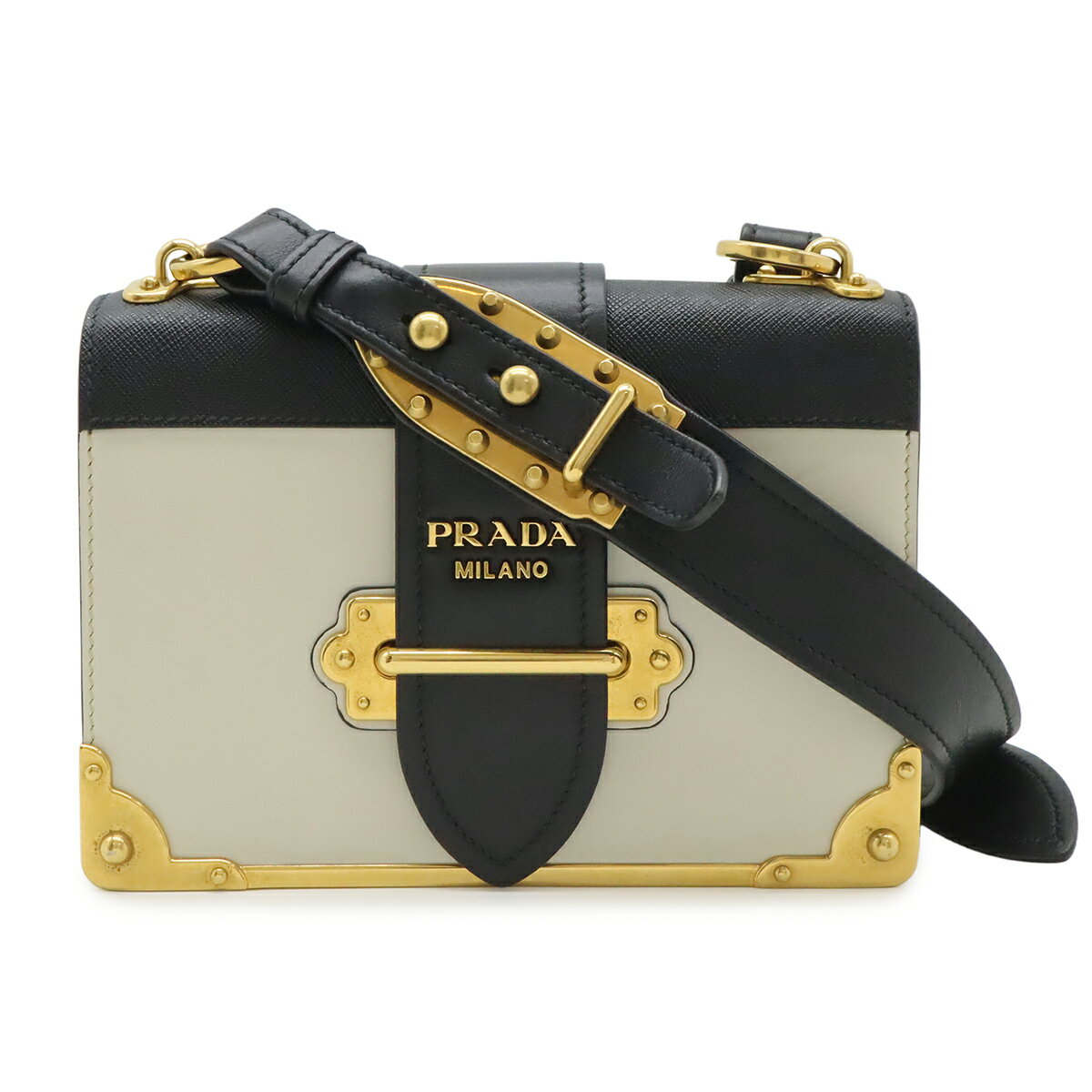 乐天商城 - PRADA プラダ カイエ ショルダーバッグ ポシェット 2WAY クラッチ スタッズ レザー TALCO ベージュ NERO ブラック 海外ブティック購入品 1BD045 【中古】