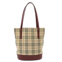 【バッグ】BURBERRY バーバリー ノバチェック チェック柄 トートバッグ ショルダーバッグ バケツ型 キャンバス レザー ベージュ ボルドー ゴールド金具 【中古】