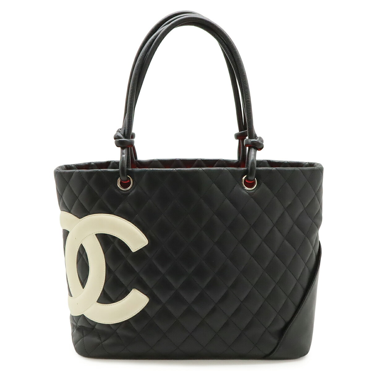 CHANEL シャネル カンボンライン ココマーク ラージトート ショルダーバッグ トートバッグ ソフトカーフ ブラック 黒 ホワイト シルバー金具 A25169 【中古】