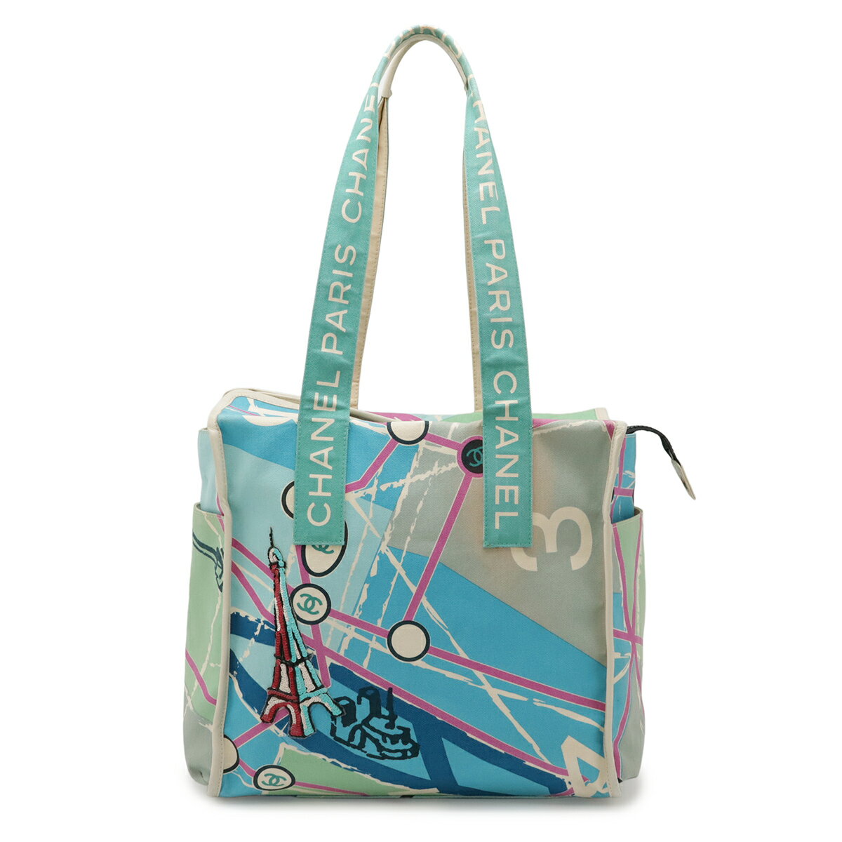 B, F, P - CHANEL シャネル パリマップ クルーズライン エッフェル塔 トートバッグ ショルダーバッグ 肩掛け キャンバス スパンコール ブルー マルチカラー 【中古】