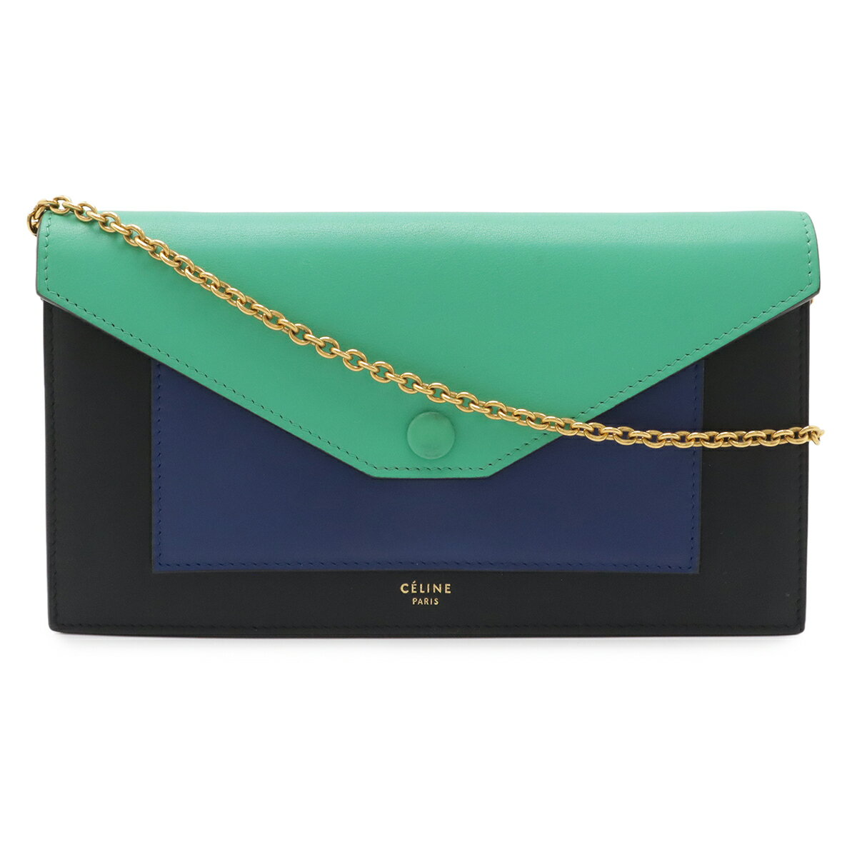 CELINE セリーヌ ポケット ラージフラップ チェーンウォレット ショルダーバッグ 2WAY クラッチ レザー ブラック グリーン ブルー ゴールド金具 【中古】