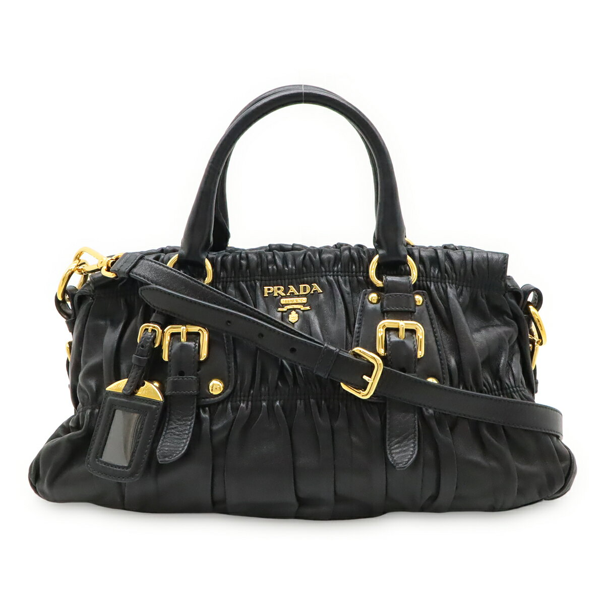 PRADA - PRADA プラダ ギャザー ハンドバッグ 2WAY ショルダーバッグ 斜め掛け レザー NERO 黒 ブラック ゴールド金具 BN1407 【中古】