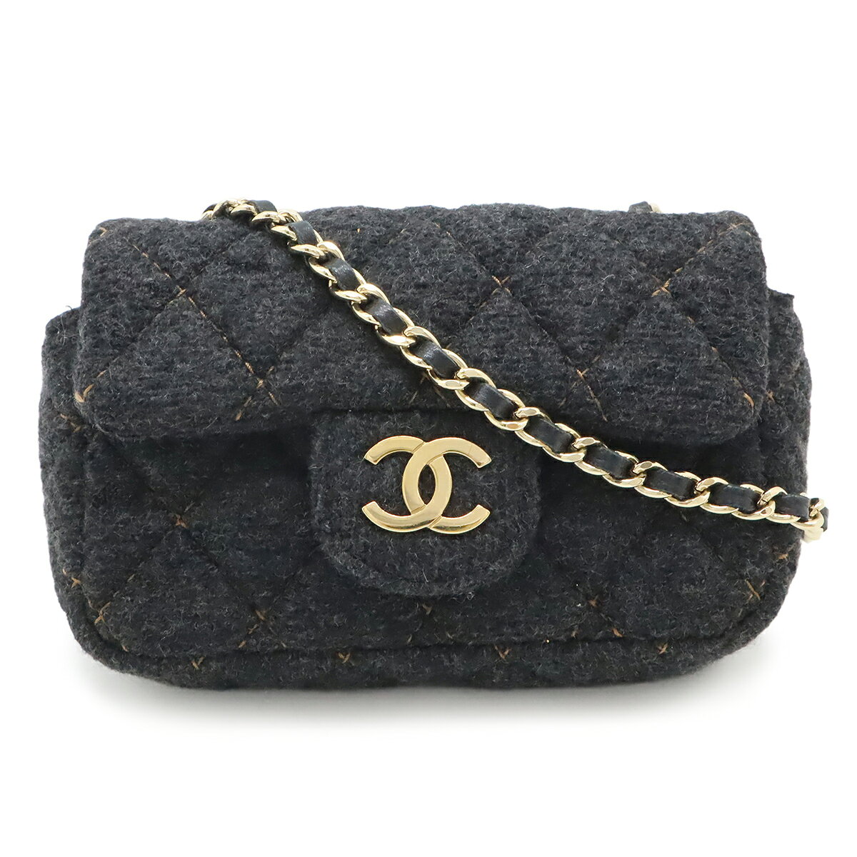 CHANEL シャネル ミニマトラッセ ウールマトラッセ ココマーク チェーンショルダー ショルダーバッグ ポシェット チャコール グレー ゴールド金具 【中古】
