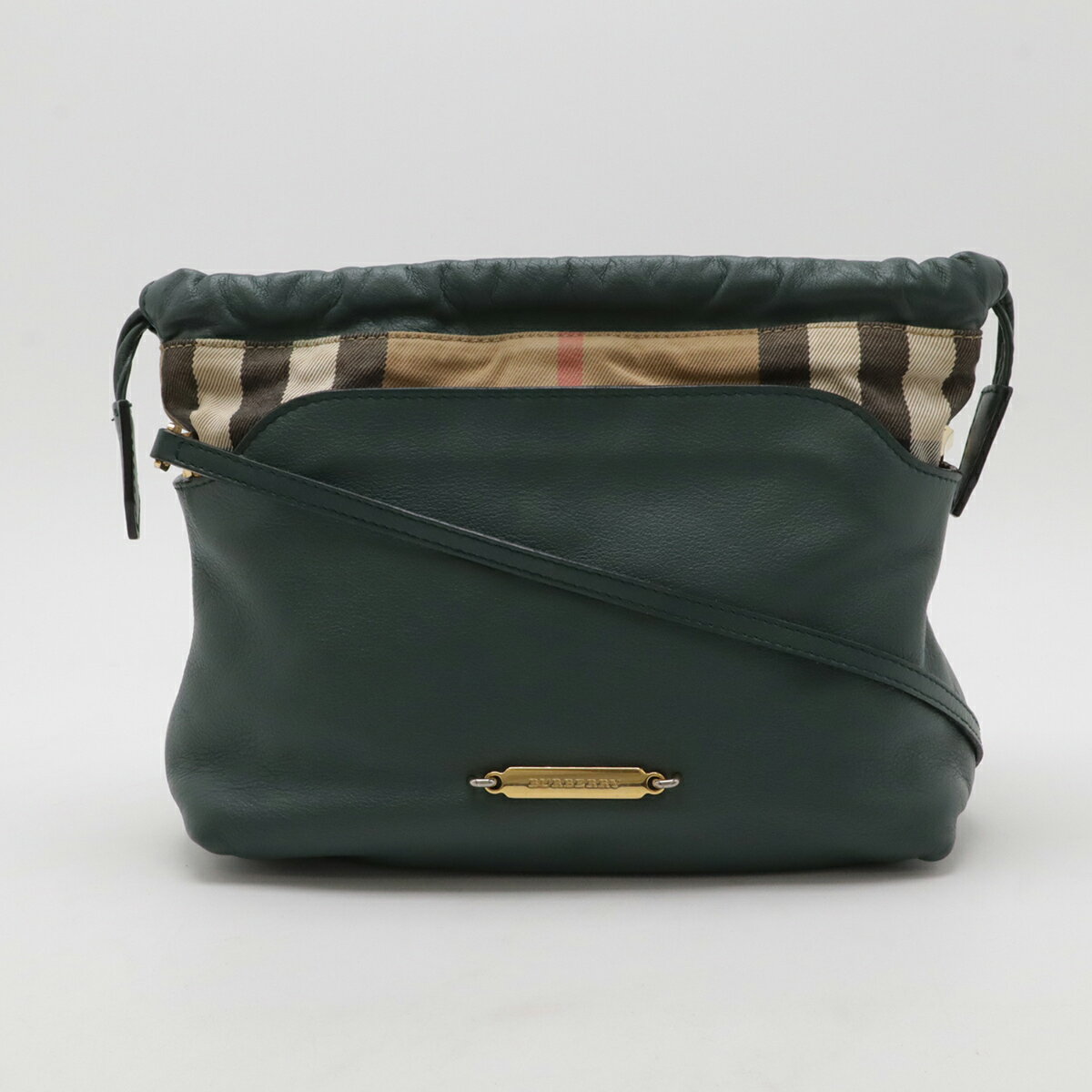 BURBERRY バーバリー ハウスチェック チェック柄 ショルダーバッグ 斜め掛け 巾着型 グリーン 緑 ライトブラウン ゴールド金具 【中古】