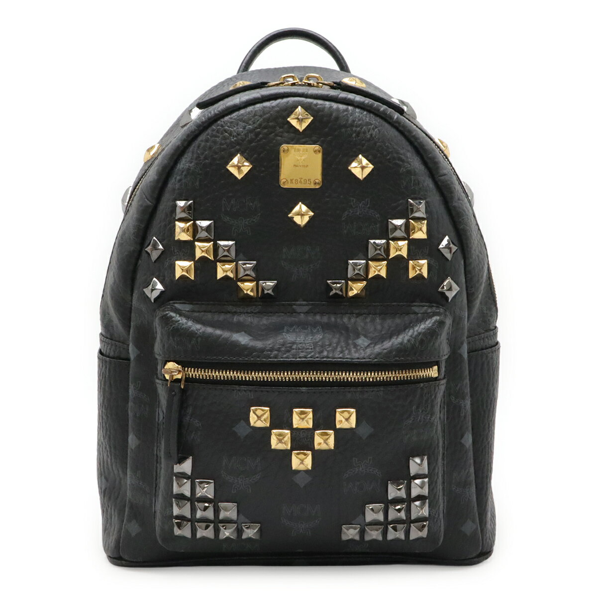 Rakuten - MCM エムシーエム ヴィセトス ロゴグラム バックパック リュックサック スタッズ PVC レザー ブラック ゴールド金具 シルバー金具 MMK5AVE19BK001 【中古】