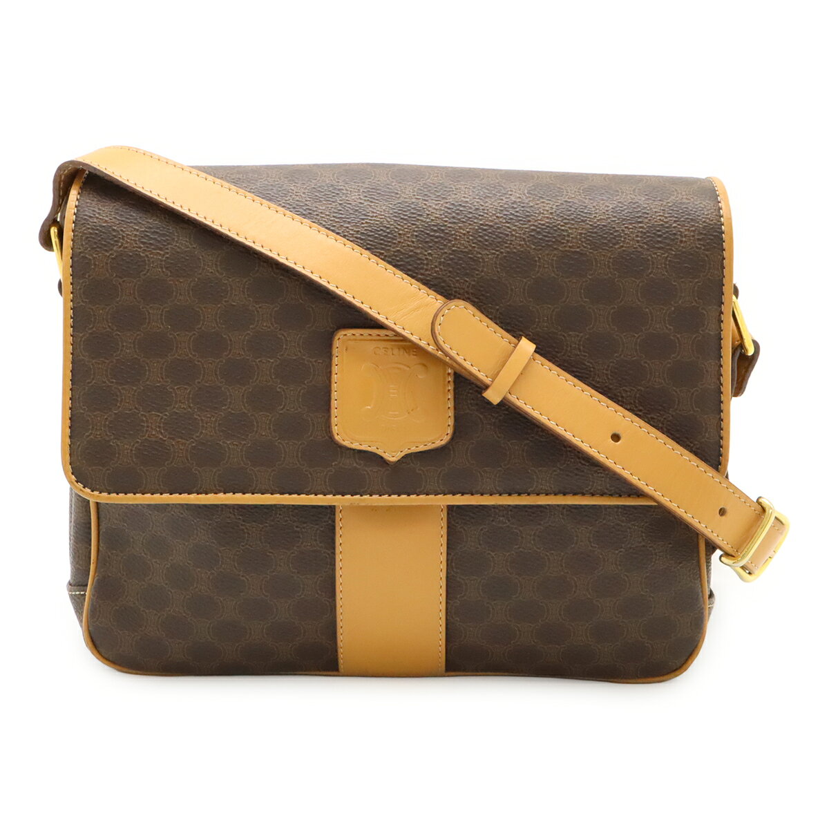 CELINE セリーヌ マカダム柄 ショルダーバッグ ポシェット 斜め掛け PVC レザー ダークブラウン 茶 ベージュ ゴールド金具 【中古】