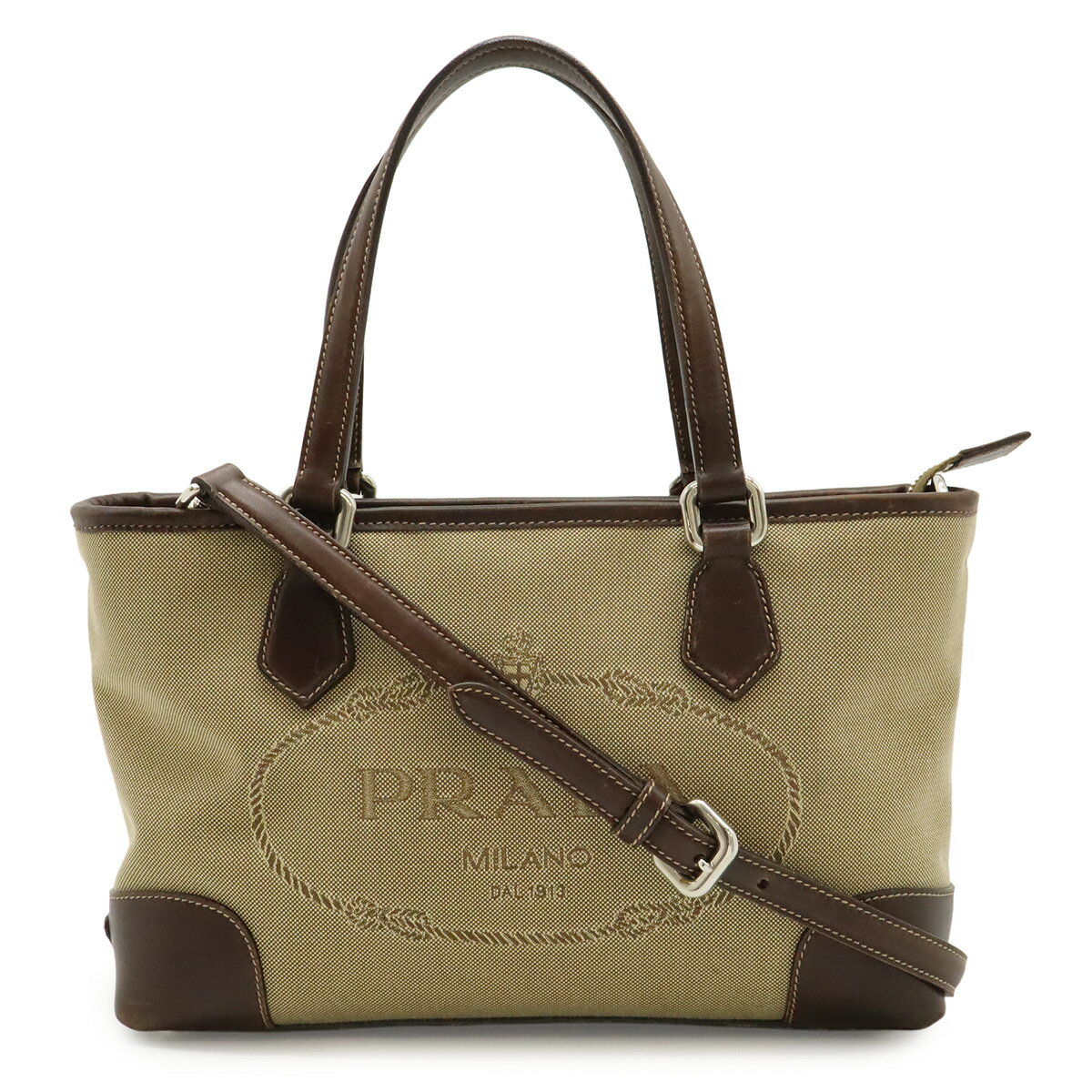 PRADA プラダ ロゴジャガード ハンドバッグ 2WAY ショルダーバッグ キャンバス レザー カーキベージュ ダークブラウン ゴールド金具 BN1159 【中古】