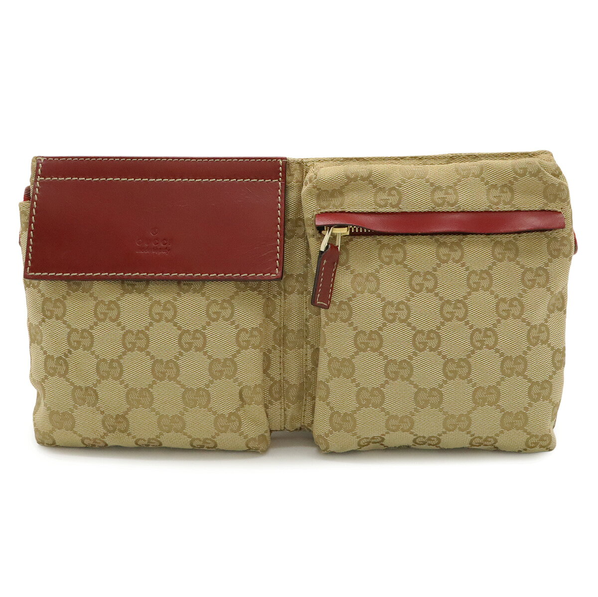 GUCCI グッチ GGキャンバス シェリーライン ボディバッグ ウエストポーチ ヒップバッグ レザー ベージュ ピンクレッド系 ゴールド金具 28566 【中古】