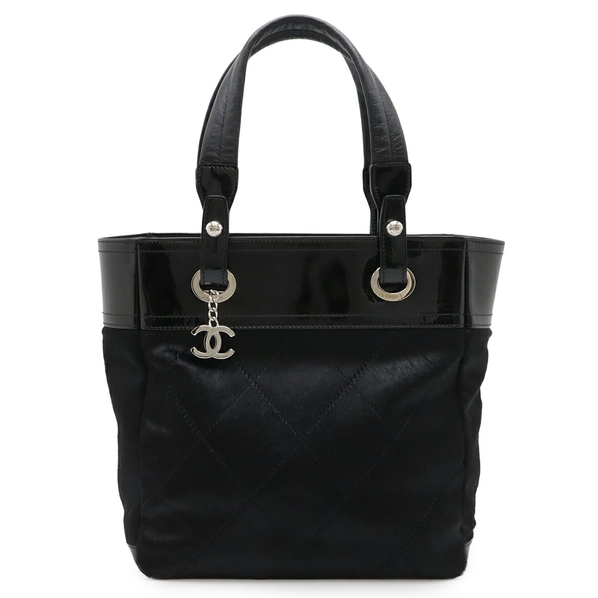 CHANEL - CHANEL シャネル パリビアリッツ トートPM トートバッグ ショルダーバッグ ハラコ エナメル レザー ブラック 黒 シルバー金具 A34208 【中古】