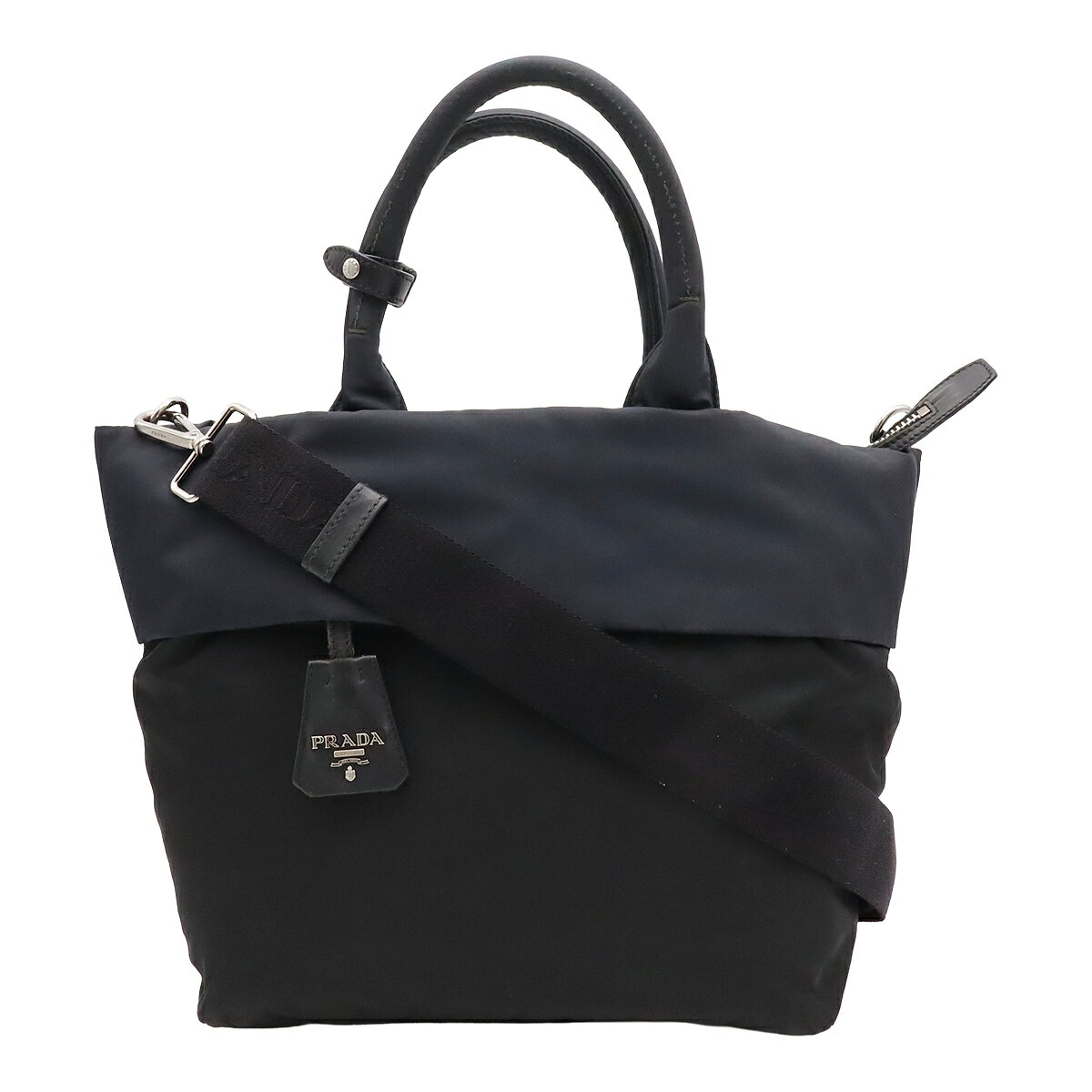 PRADA プラダ ハンドバッグ 2WAY トートバッグ ショルダーバッグ 斜め掛け ナイロン レザー ブラック 黒 ネイビー 紺色 B1959V 【中古】