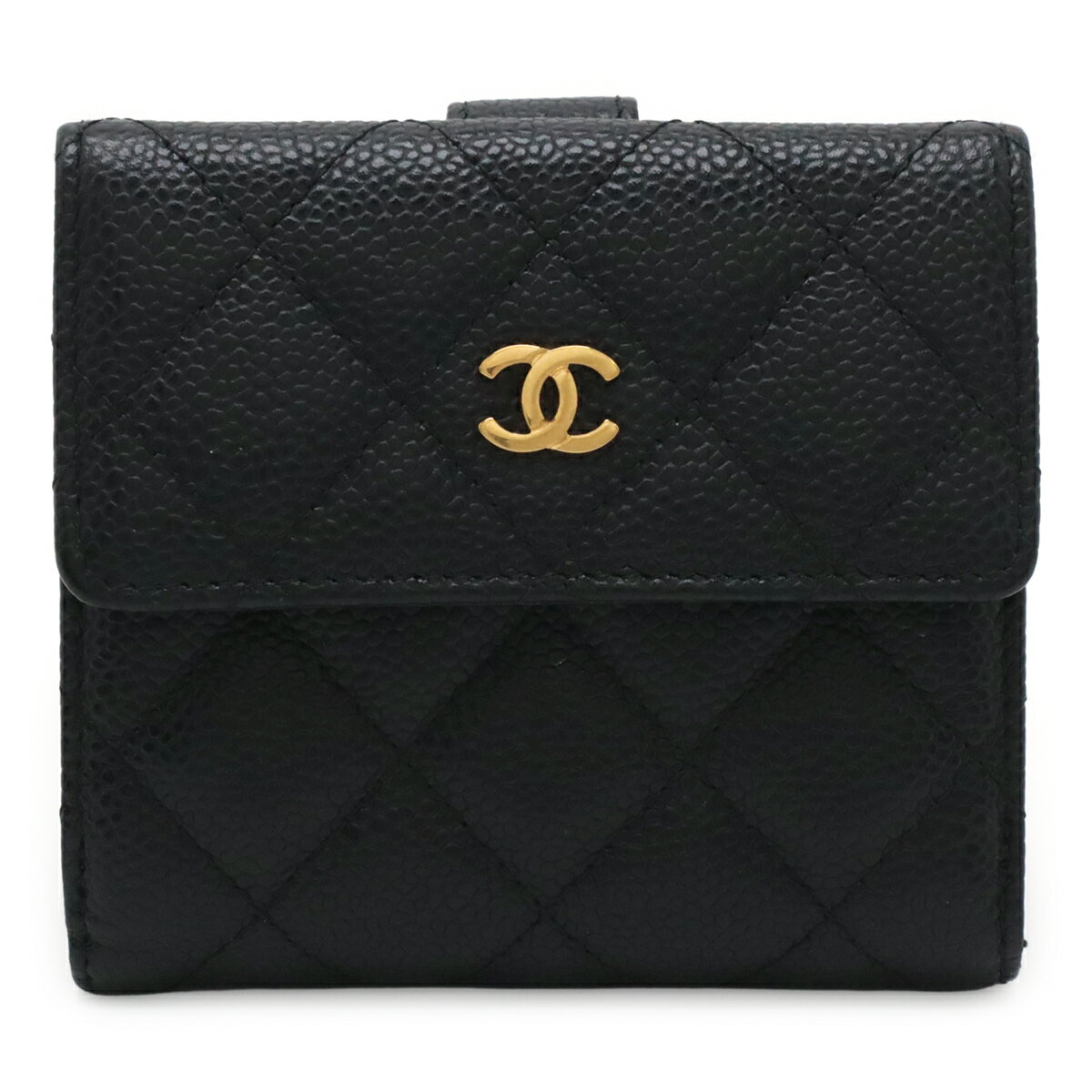 CHANEL - CHANEL シャネル マトラッセ ココマーク 2つ折財布 二つ折り Wホック財布 ダブルホック キャビアスキン レザー 黒 ブラック ゴールド金具 A48980 【中古】