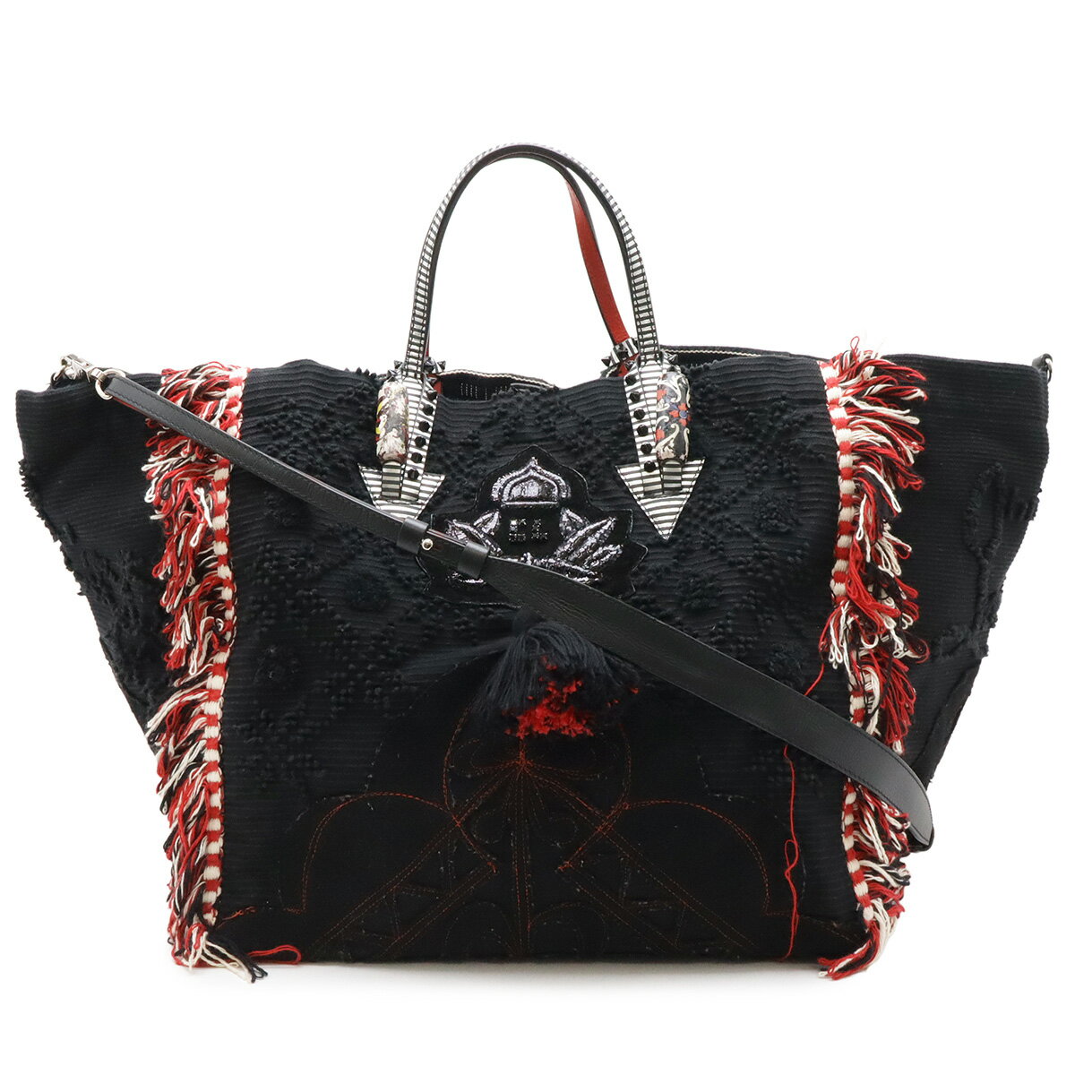Rakuten - Christian Louboutin クリスチャン ルブタン PORTUGABA ポルトガバ トートバッグ 2WAY ショルダーバッグ キャンバス スタッズ ブラック 黒 395183 【中古】